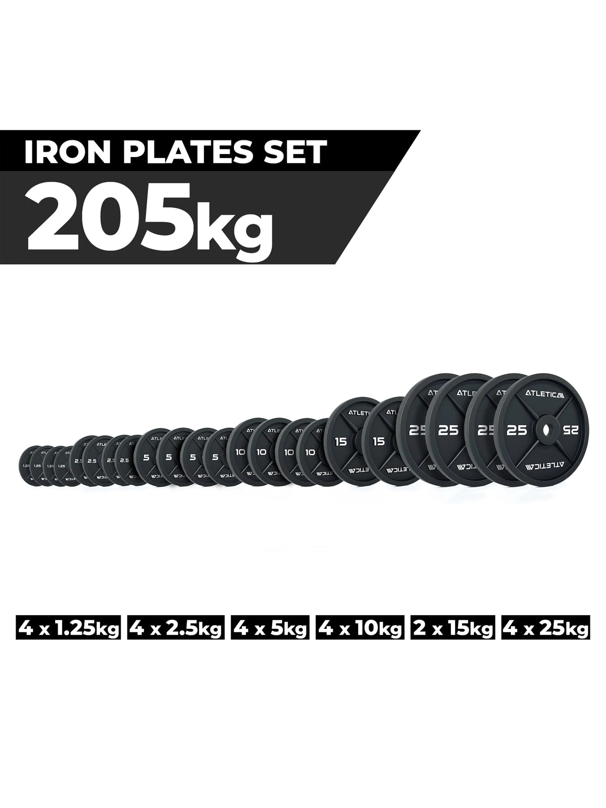 Atletica iron plates set 452 lb graphic showing included plate pairs