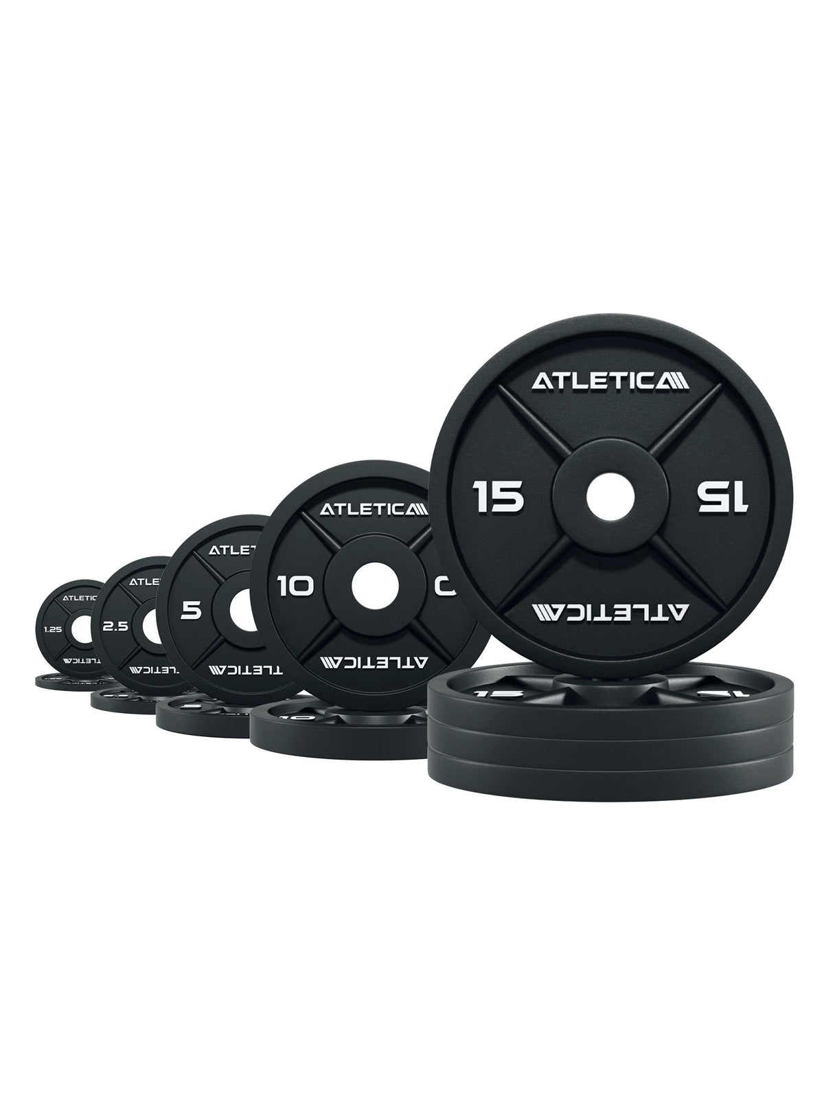 Atletica iron plates set 215 lb, plate pairs stacked by size