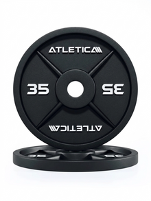Atletica Iron Plates - two black weight plates, 35 lb each, made of Cast Iron