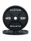 Iron Plates - Two Black Cast Iron Weight Plates, 45 lb Pair, One Standing, One Lying