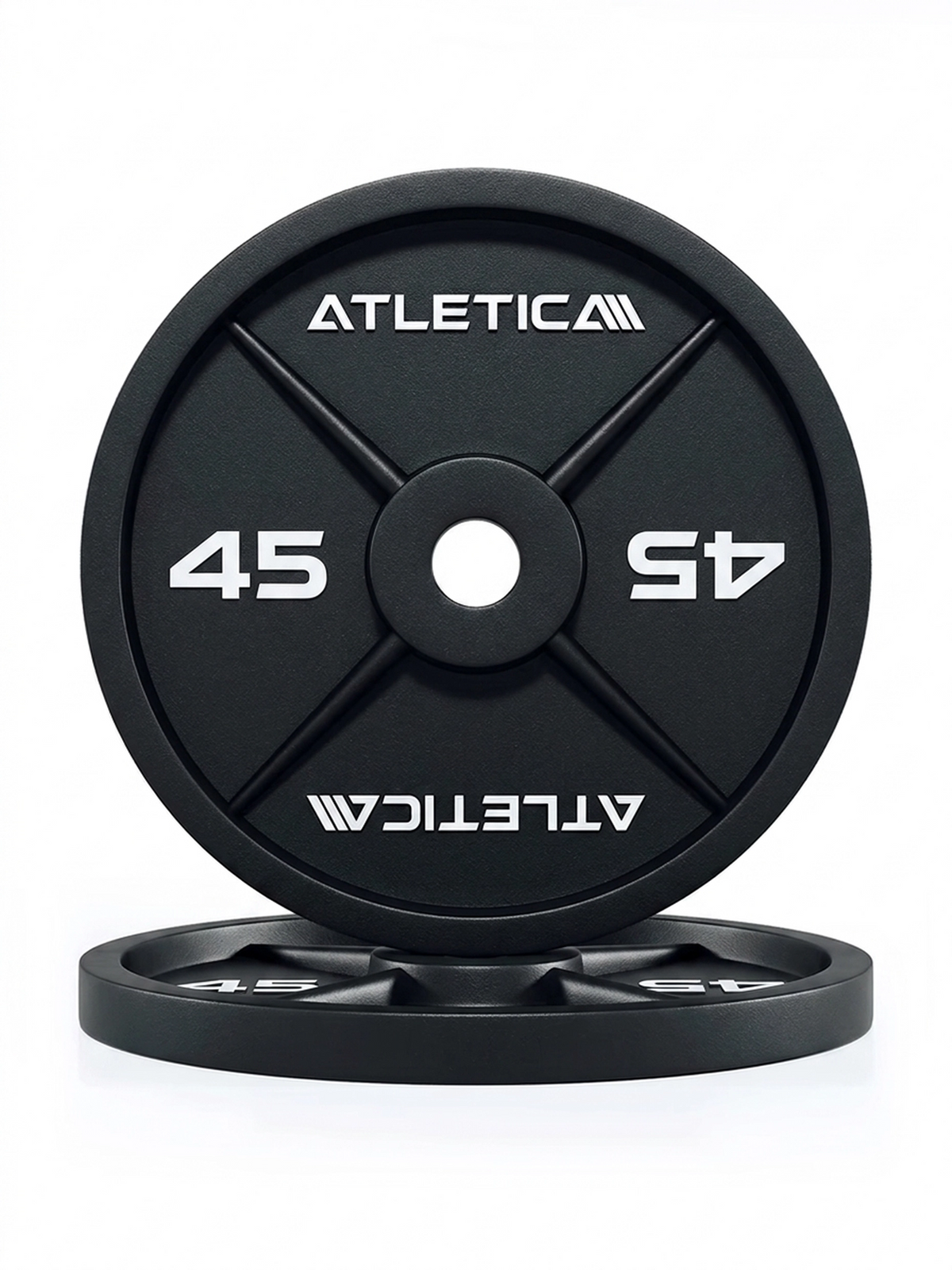 Iron Plates - Two Black Cast Iron Weight Plates, 45 lb Pair, One Standing, One Lying