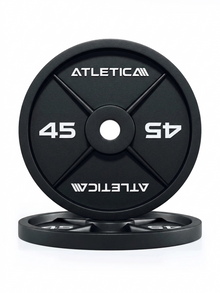 Iron Plates - Two Black Cast Iron Weight Plates, 45 lb Pair, One Standing, One Lying