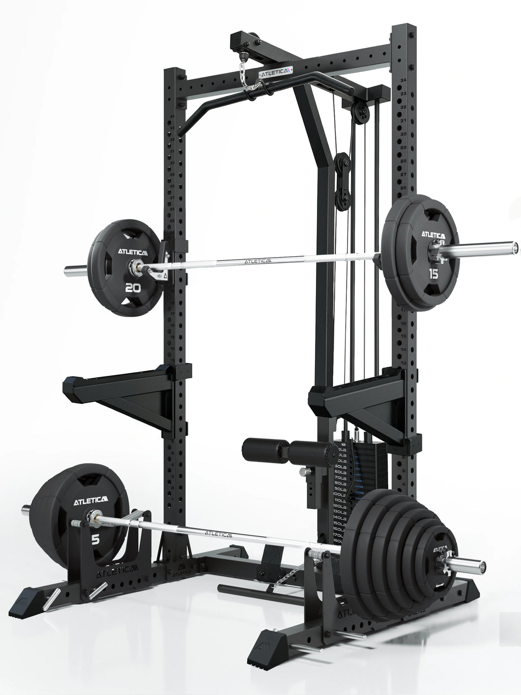 ATLETICA R7 Rider Weight Stack with loaded barbell and weight plates on the storage horns