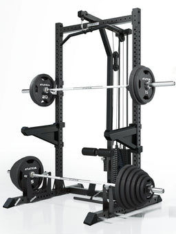 ATLETICA R7 Rider Weight Stack with loaded barbell and weight plates on the storage horns