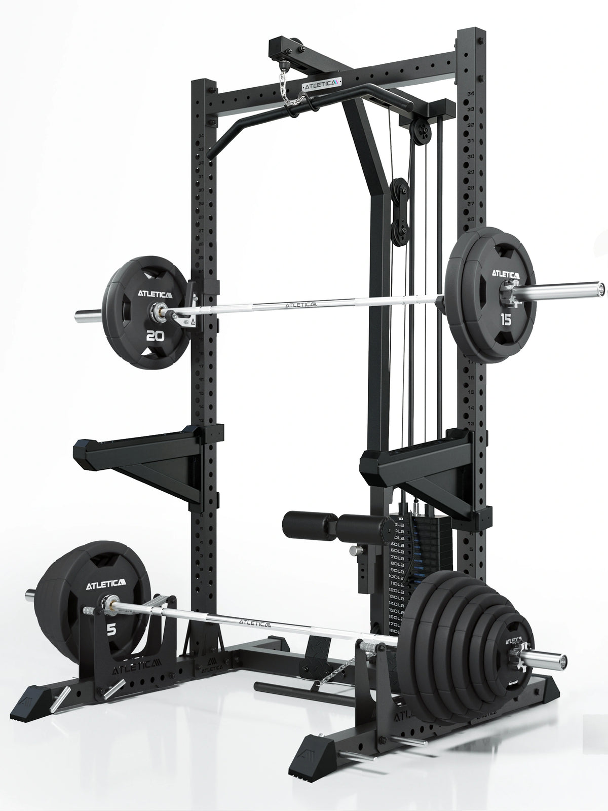 ATLETICA R7 Rider Weight Stack with loaded barbell and weight plates on the storage horns