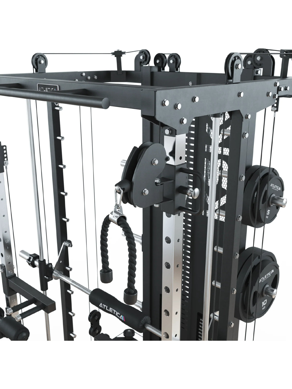 Atletica KSK all-in-one trainer, detail of the upper pulleys, stored plates and triceps rope