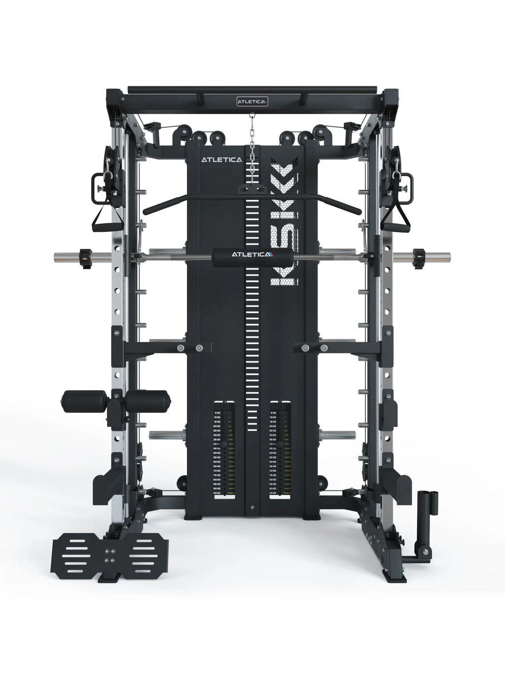 KSK - Smith Machine with barbell, cable pulley, dip handles, weight stack in the center