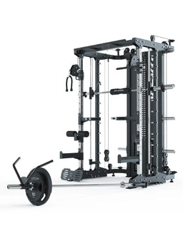KSK - Home gym with Smith Machine, lat pulldown, cable pulley, weight plates, barbell