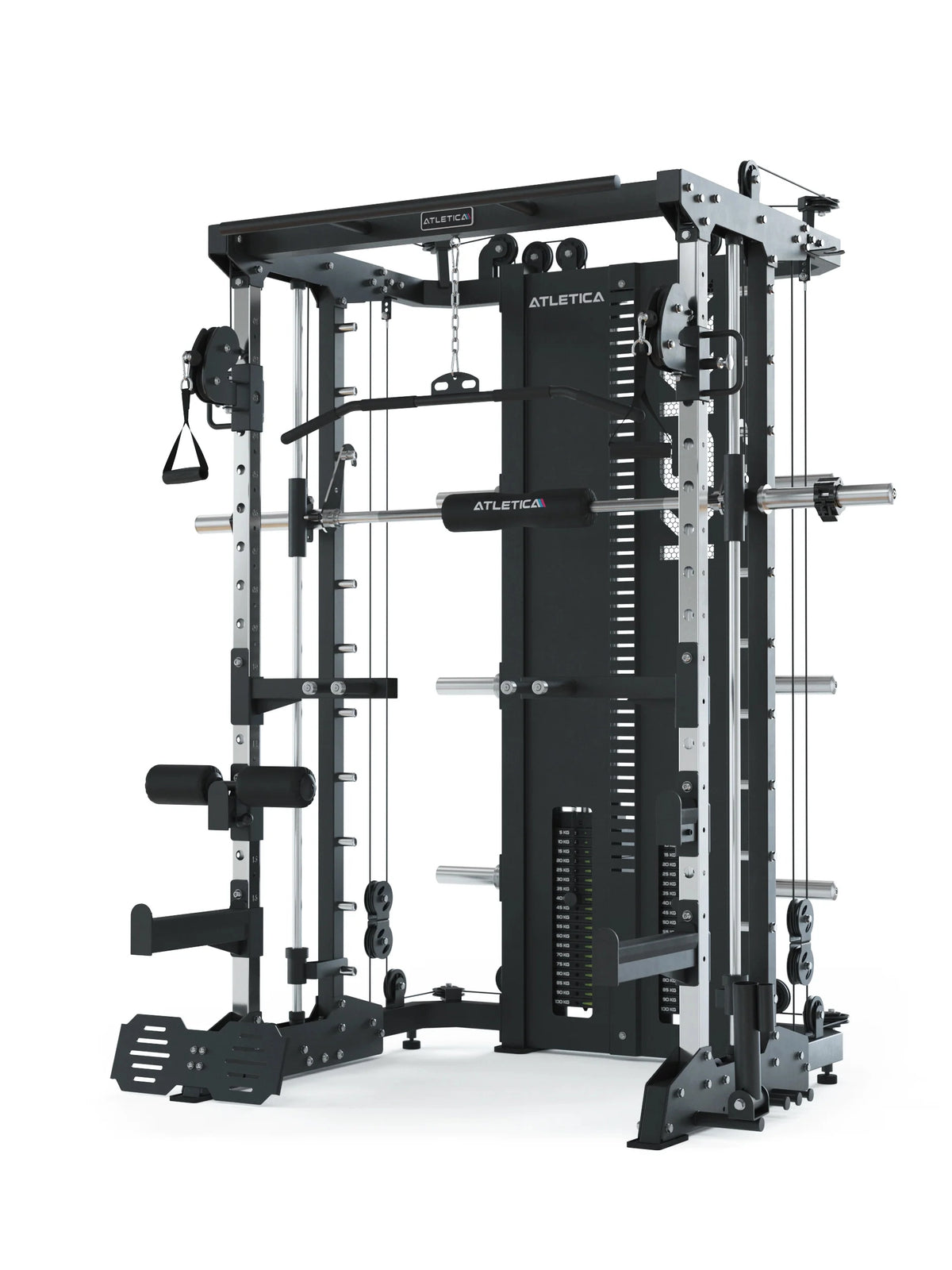 Atletica KSK Smith machine set Outperform, black, with cable pulleys, angled front view