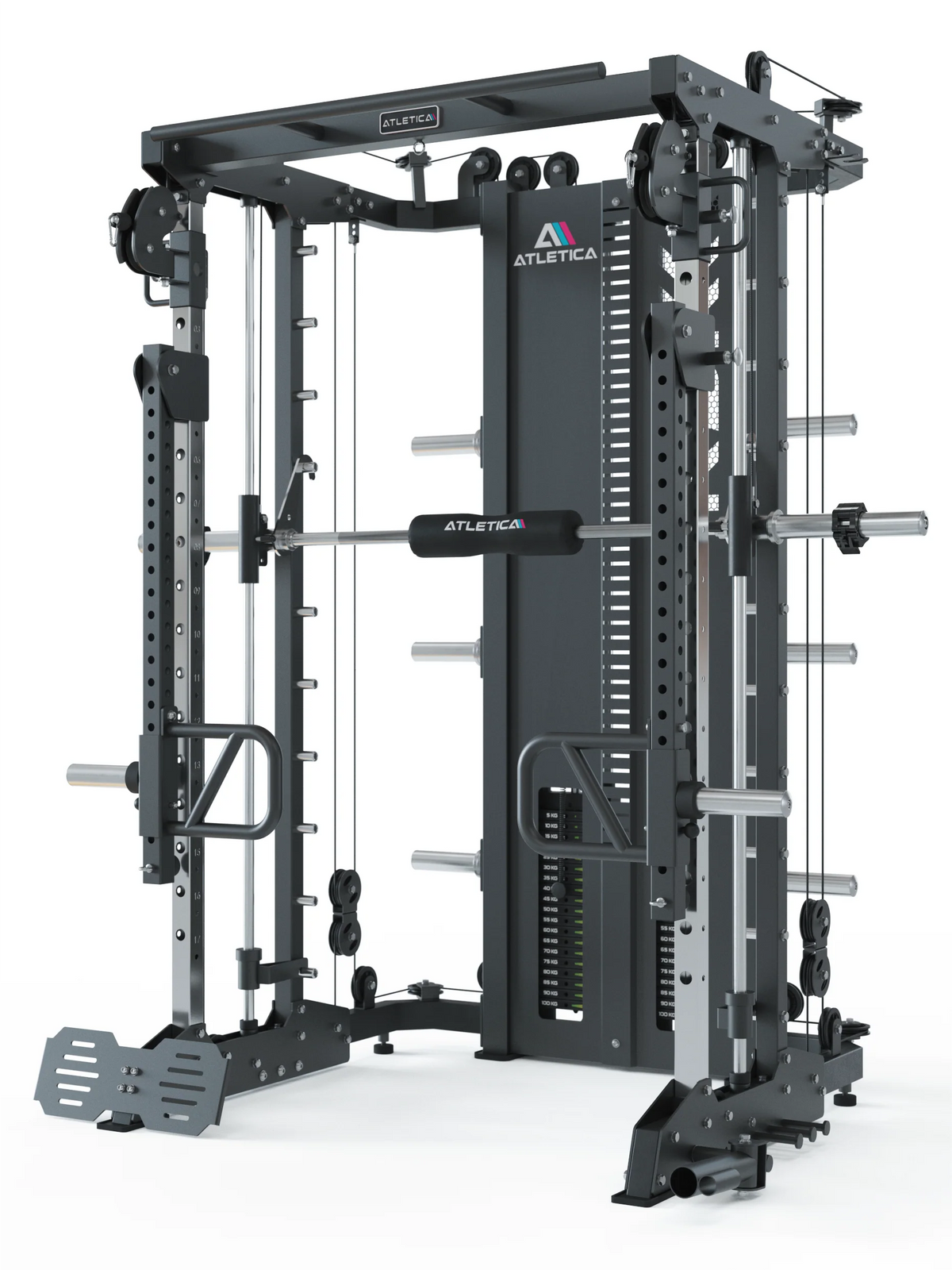 Atletica KSK all-in-one trainer, angled front view with Smith bar and plate storage pins