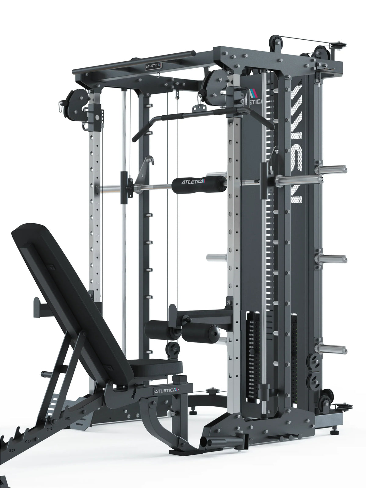 Atletica KSK all-in-one trainer with incline bench, close angled view from the left side