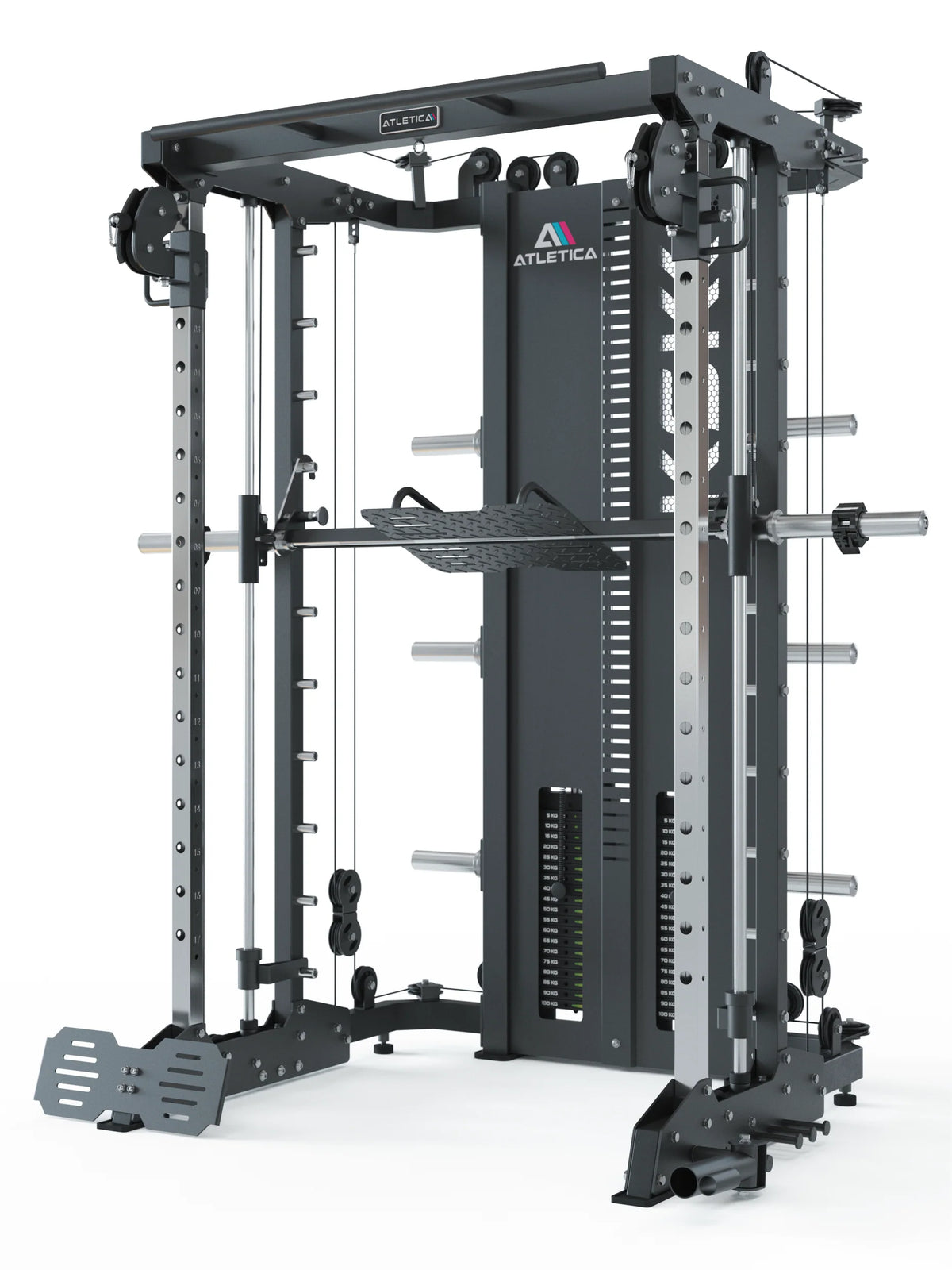 Atletica KSK all-in-one trainer, angled front view with Smith bar in low position