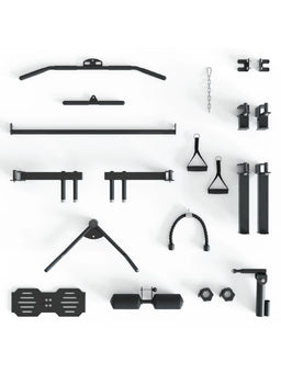 KSK - various fitness equipment attachments, including lat pulldown bar, triceps rope, handles, weight plate holders