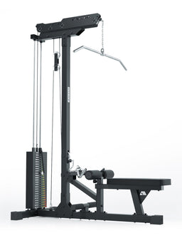 Lat Pulldown with low row – nylon-coated steel cables, hard chrome handles, weight stack