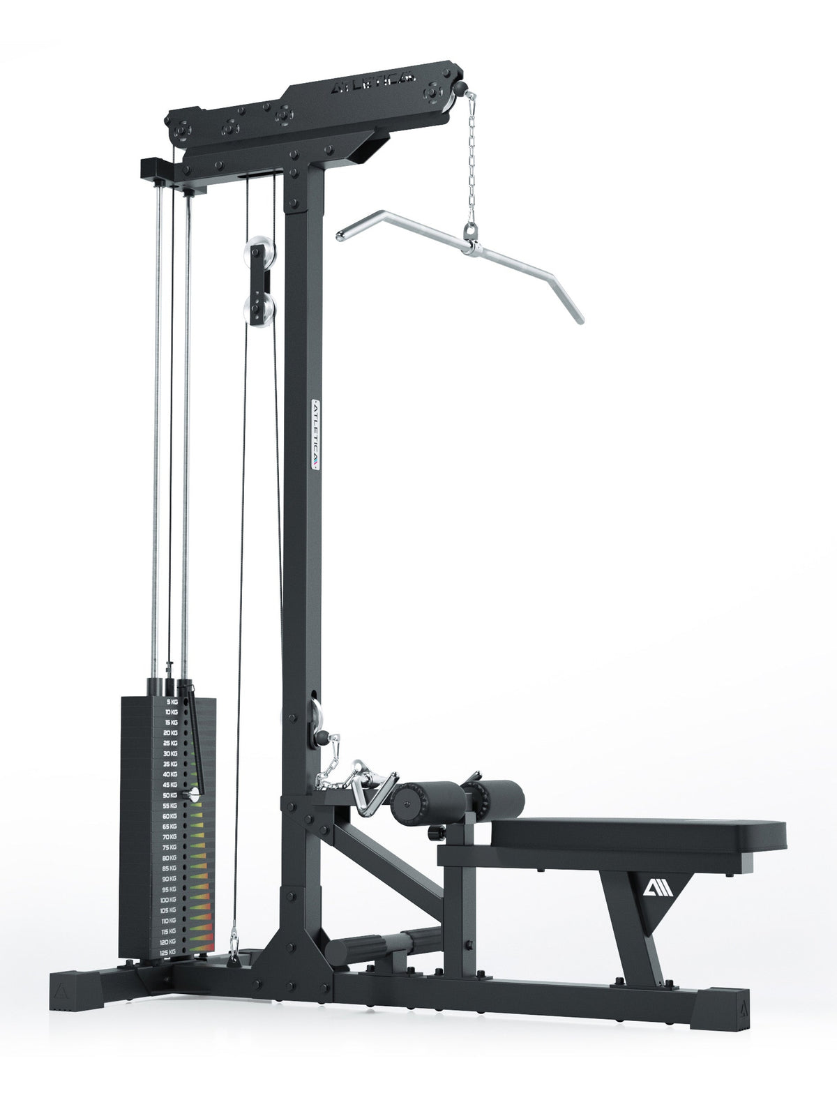Lat Pulldown with low row – nylon-coated steel cables, hard chrome handles, weight stack