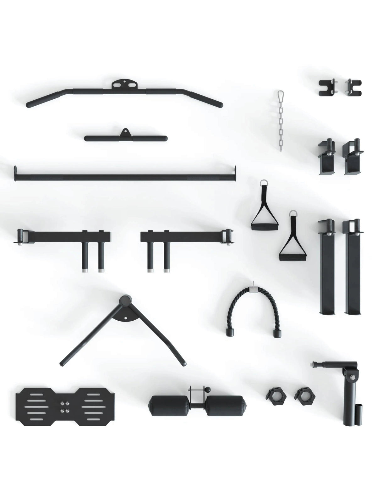 KSK Smith Machine Accessories Set - handles, bars, cable pull and attachments neatly arranged 