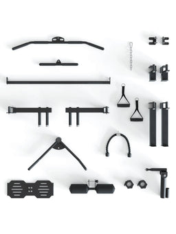KSK Smith Machine Accessories Set - handles, bars, cable pull and attachments neatly arranged