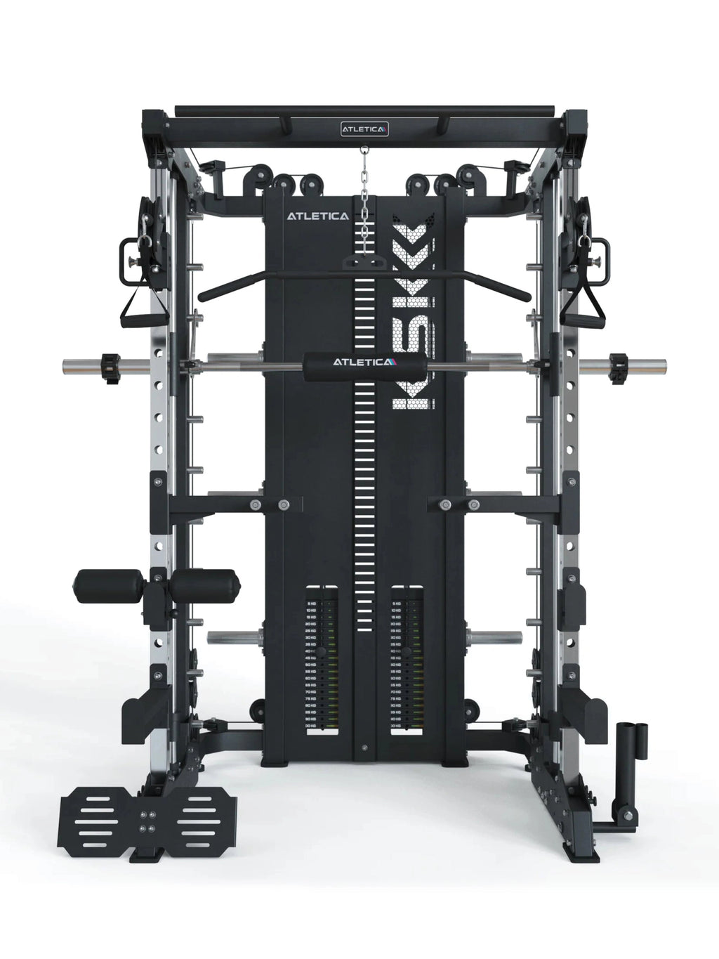 KSK Smith Machine - centered front view with guided Barbell, cable pulls and weight stack