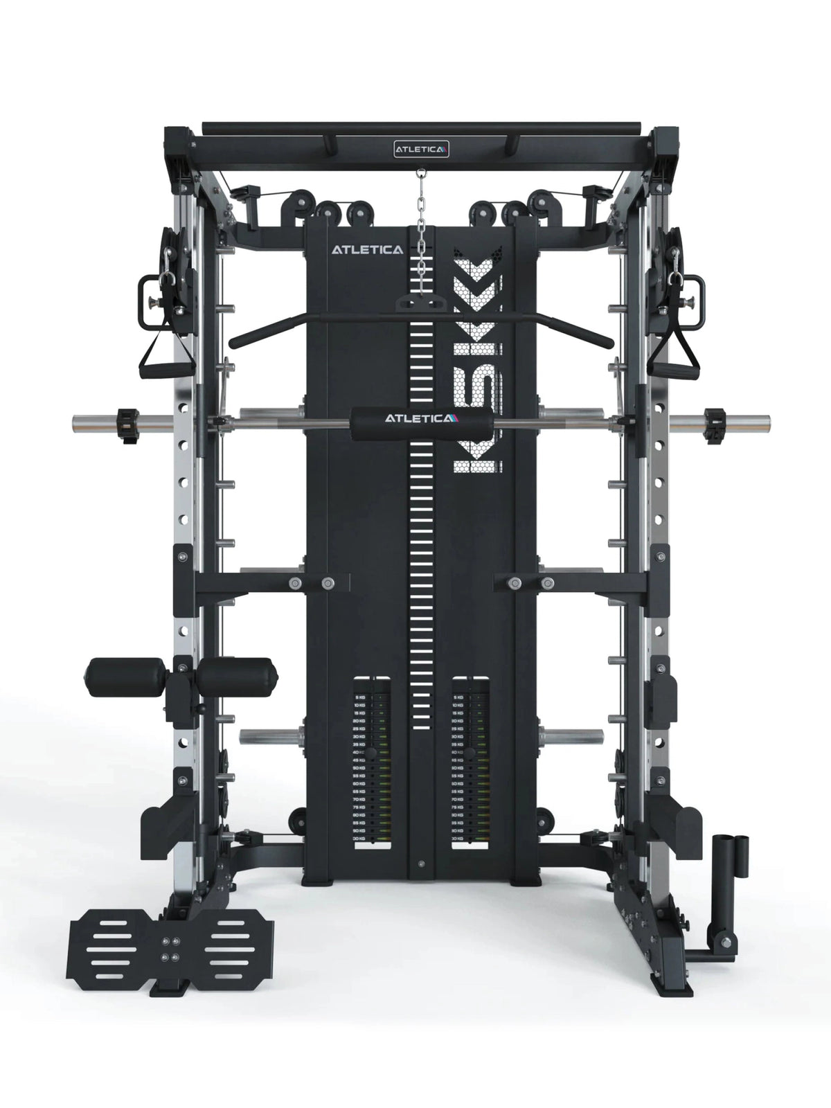 KSK Smith Machine - centered front view with guided Barbell, cable pulls and weight stack 