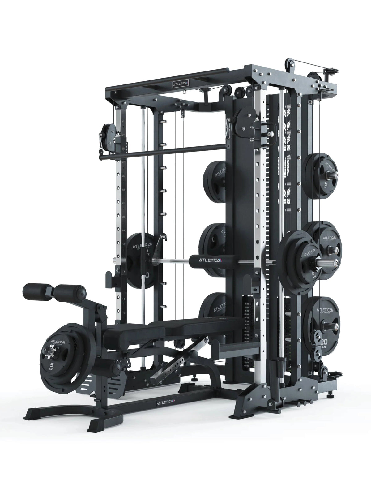 Atletica KSK Combat Smith machine with Jammer arms and B2 LegMaster weight bench, loaded with plates