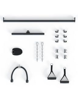 X-Five Functional Trainer Accessories - two pull-down bars, rope handle, foot strap, carabiner, chains, hooks, handles