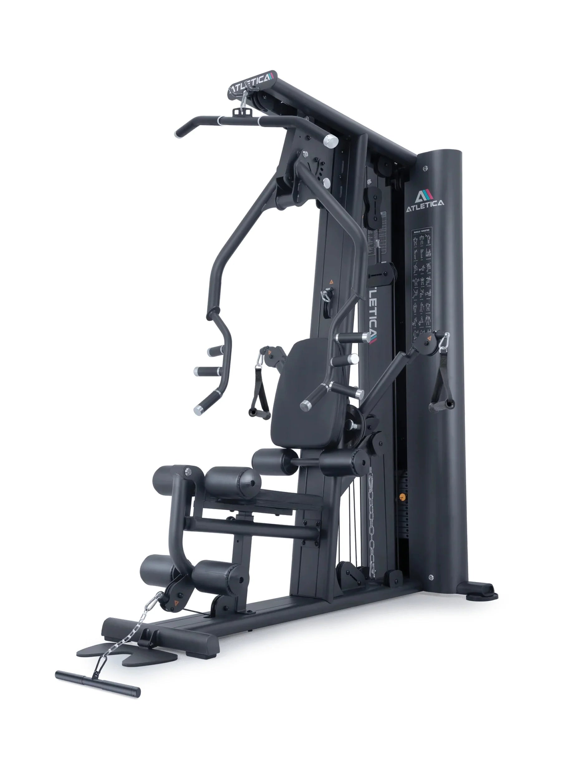 Atletica X-Tron strength machine, black multi gym with weight stack, angled front view