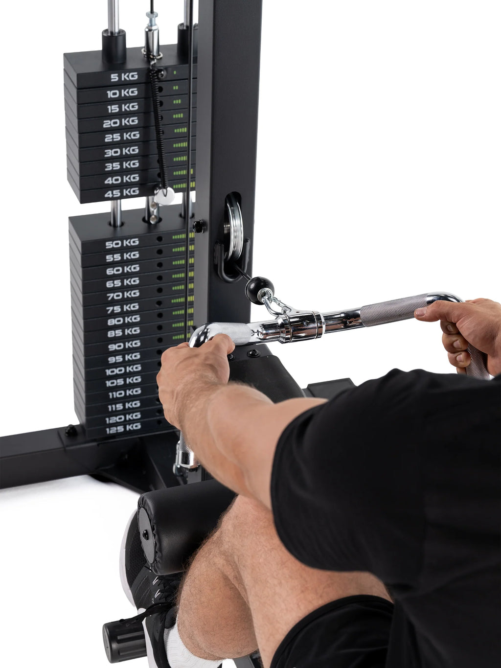 Lat Pulldown with rowing function, 10–250 lb weight stack, Cable Pulley and padded seat bench