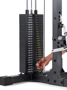 Weight stack with 10–250 lb, weight pin, cable pull and pulley on the lat pulldown machine