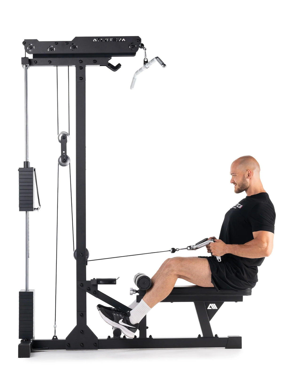 Rowing on the Lat Pulldown Machine with Side Weight Stack and Cable Pulley