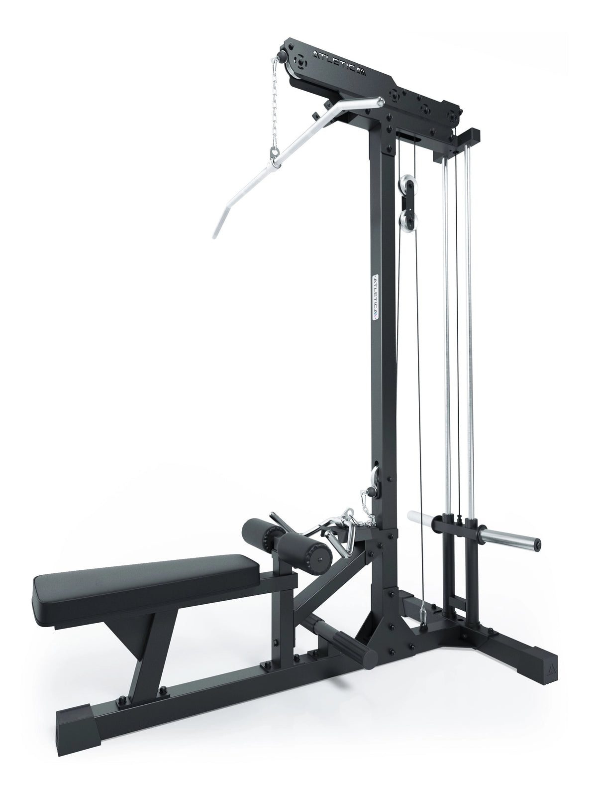 Lat Pulldown and low row Plate Loaded SET - strength machine with lat pulldown, rowing cable, padded bench, weight plate holder