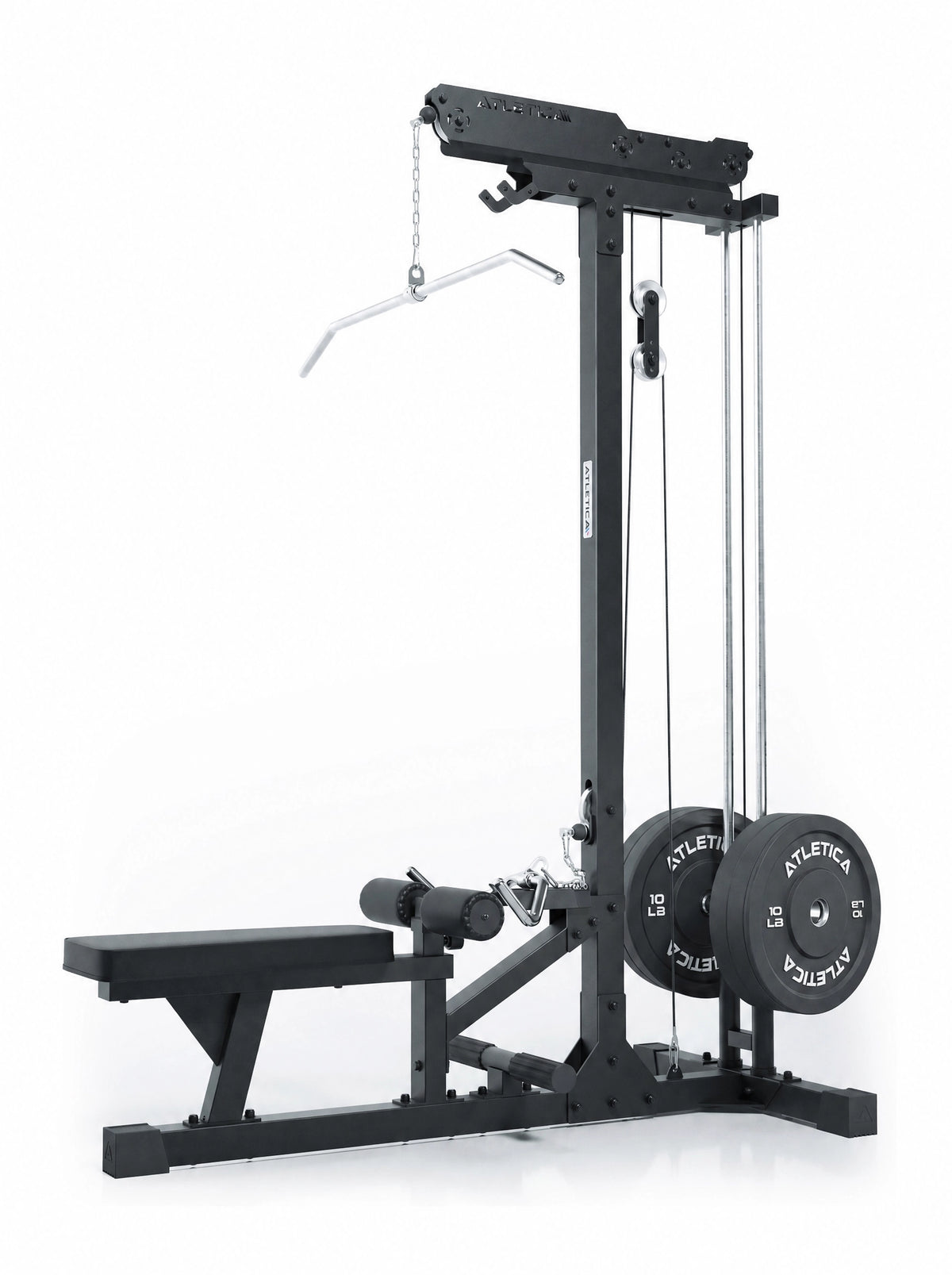 Lat Pulldown and Low Row Plate Loaded SET - Strength machine with lat pulldown, seated row, weight plates, padded bench