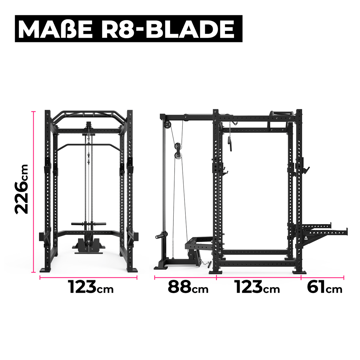 R8 Blade Power Rack – dimensioned drawing with technical measurements