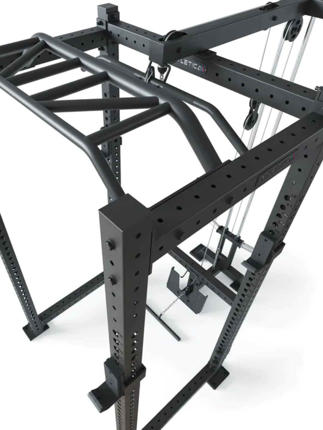 Atletica R8 BlackHawk power rack, detail of the top frame and pulley