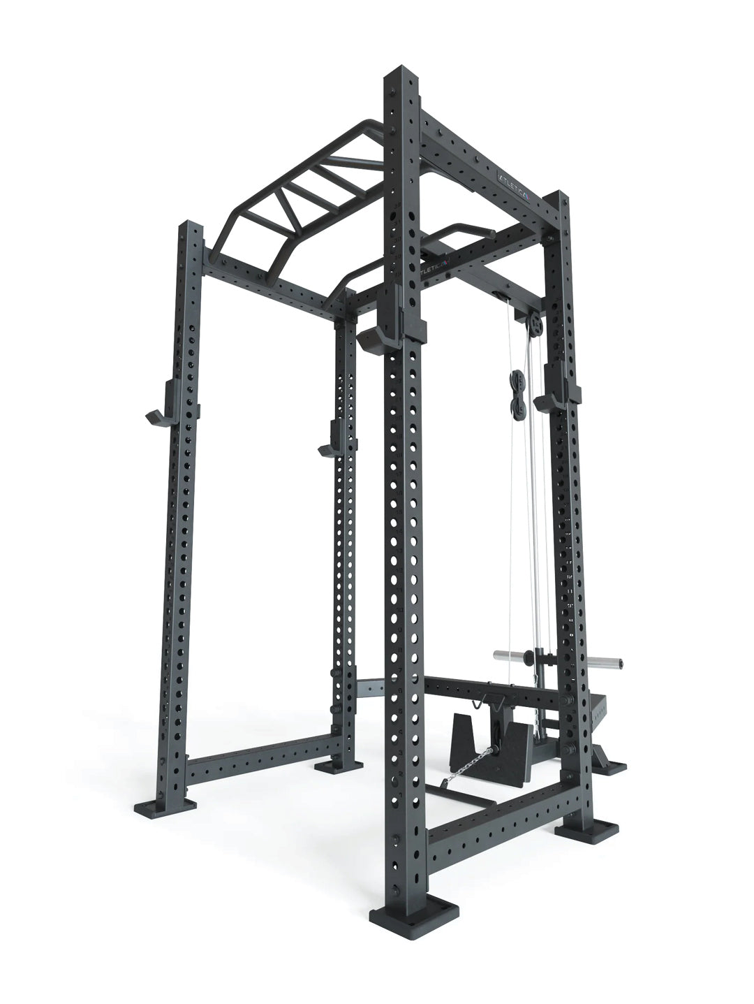 Atletica R8 BlackHawk power rack with lat pulley and low row seat, angled view
