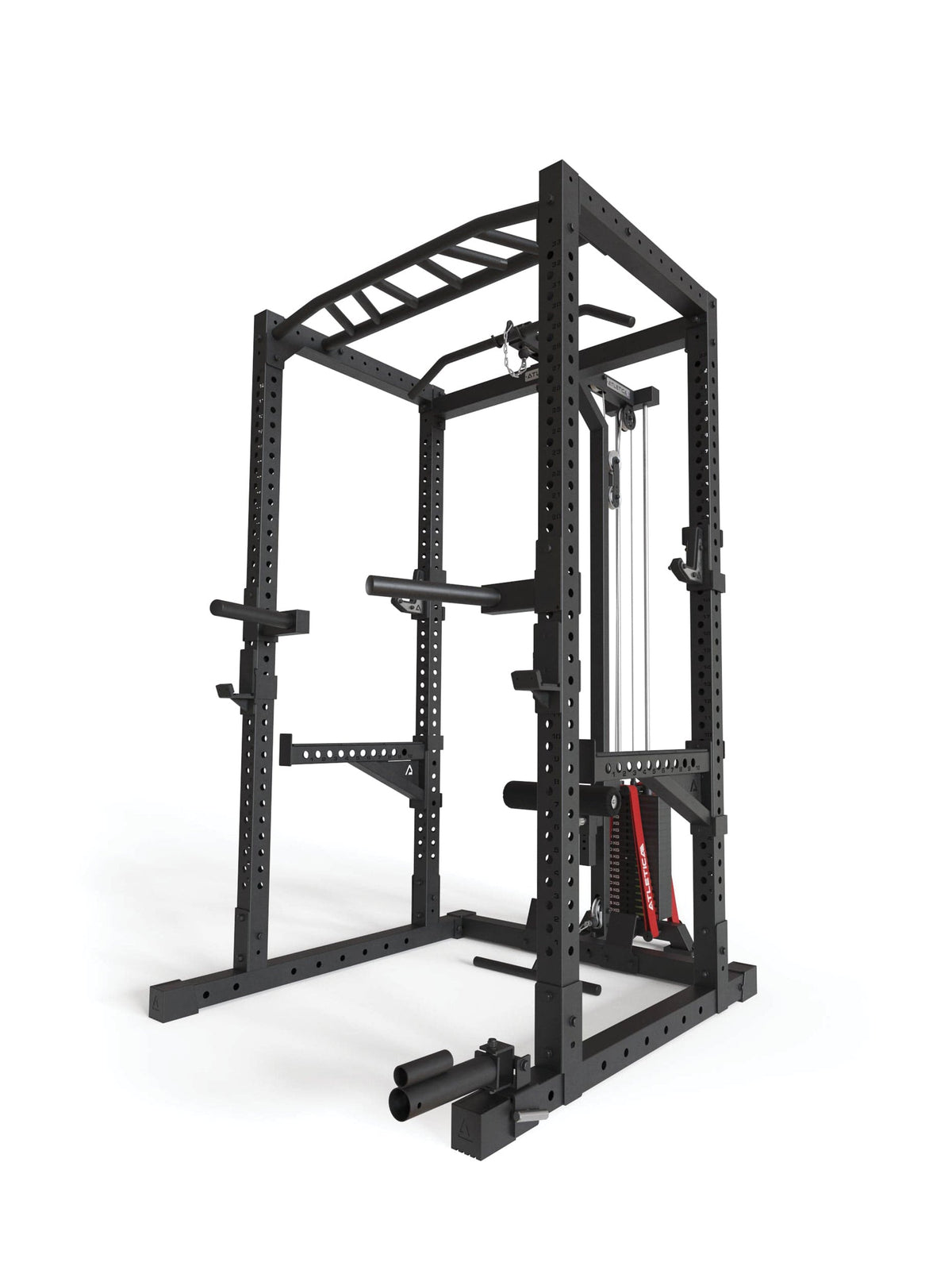 Atletica R7 Base power rack with weight stack, tall version, rear angled view