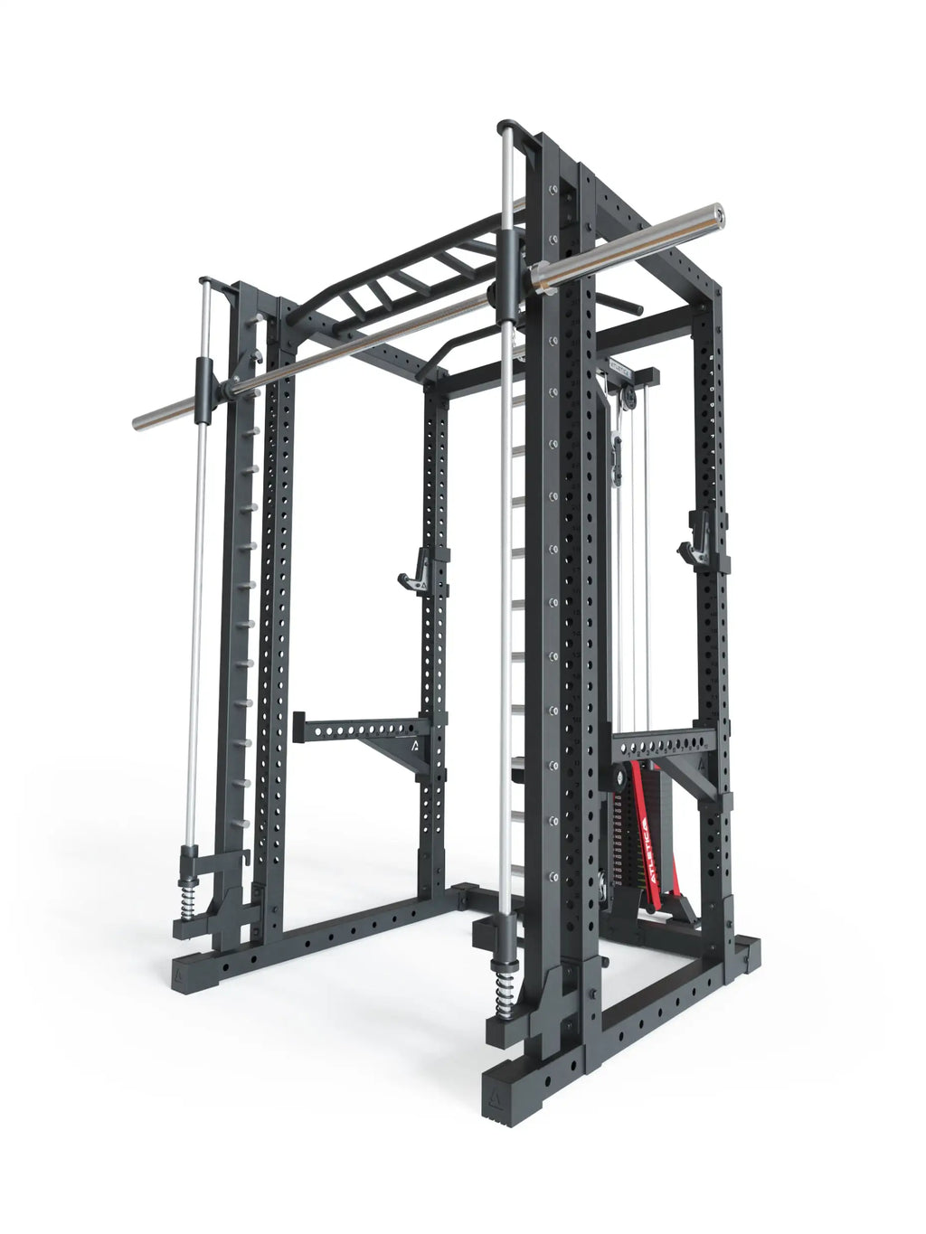 Atletica Power Rack R7-Daemon with integrated Smith Machine and Lat Pulldown in black steel construction