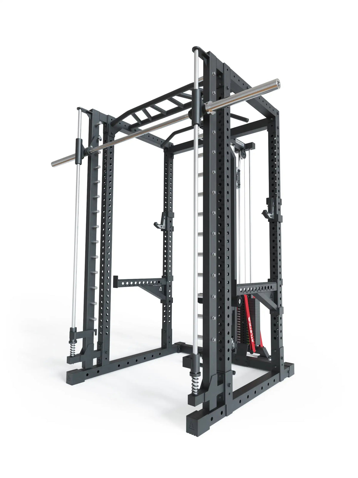 Atletica Power Rack R7-Daemon with integrated Smith Machine and Lat Pulldown in black steel construction