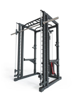 Atletica Power Rack R7-Daemon with integrated Smith Machine and Lat Pulldown in black steel construction