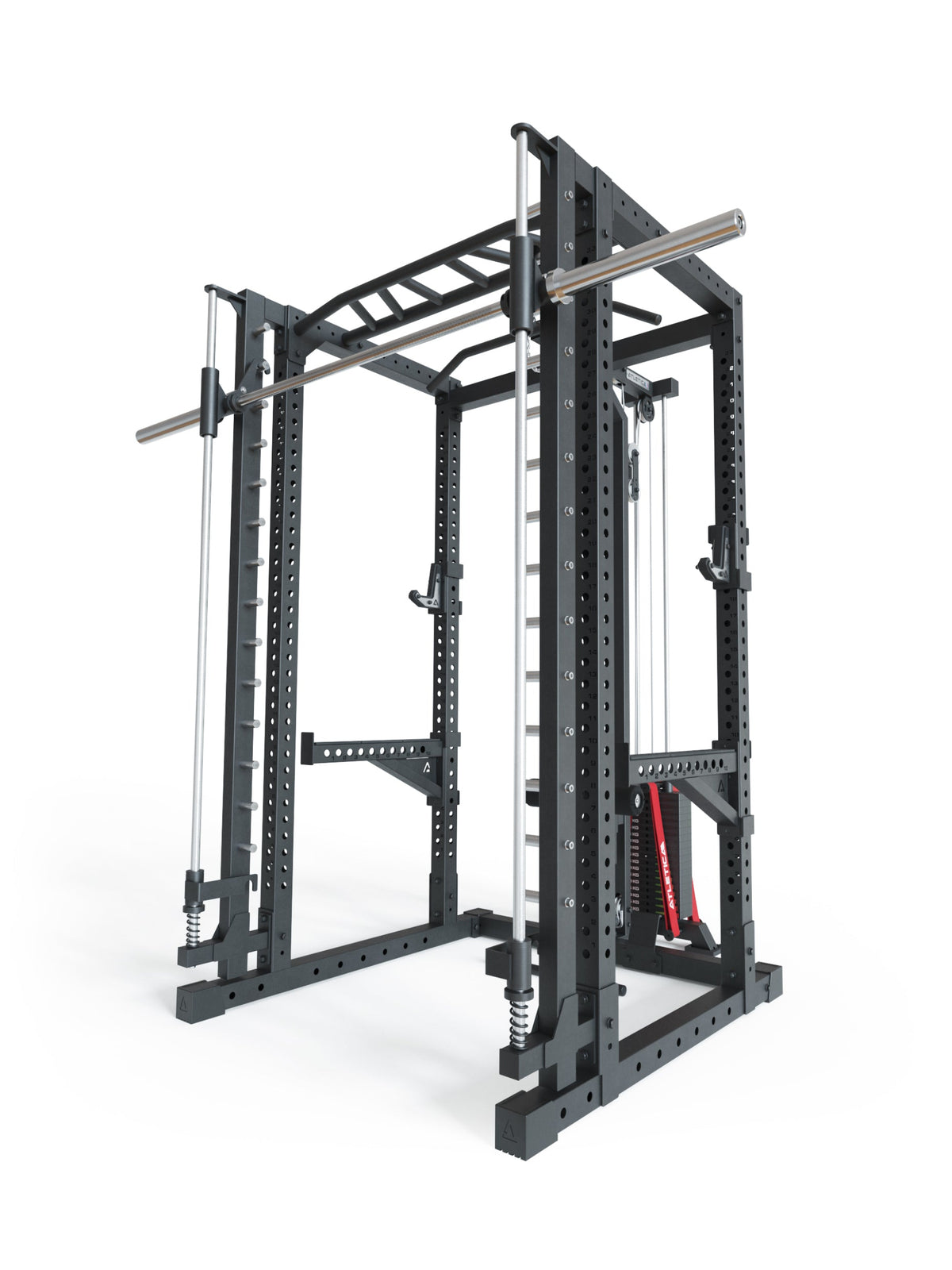 Power Rack R7-Daemon with integrated Smith Machine and lat pulldown in black steel construction