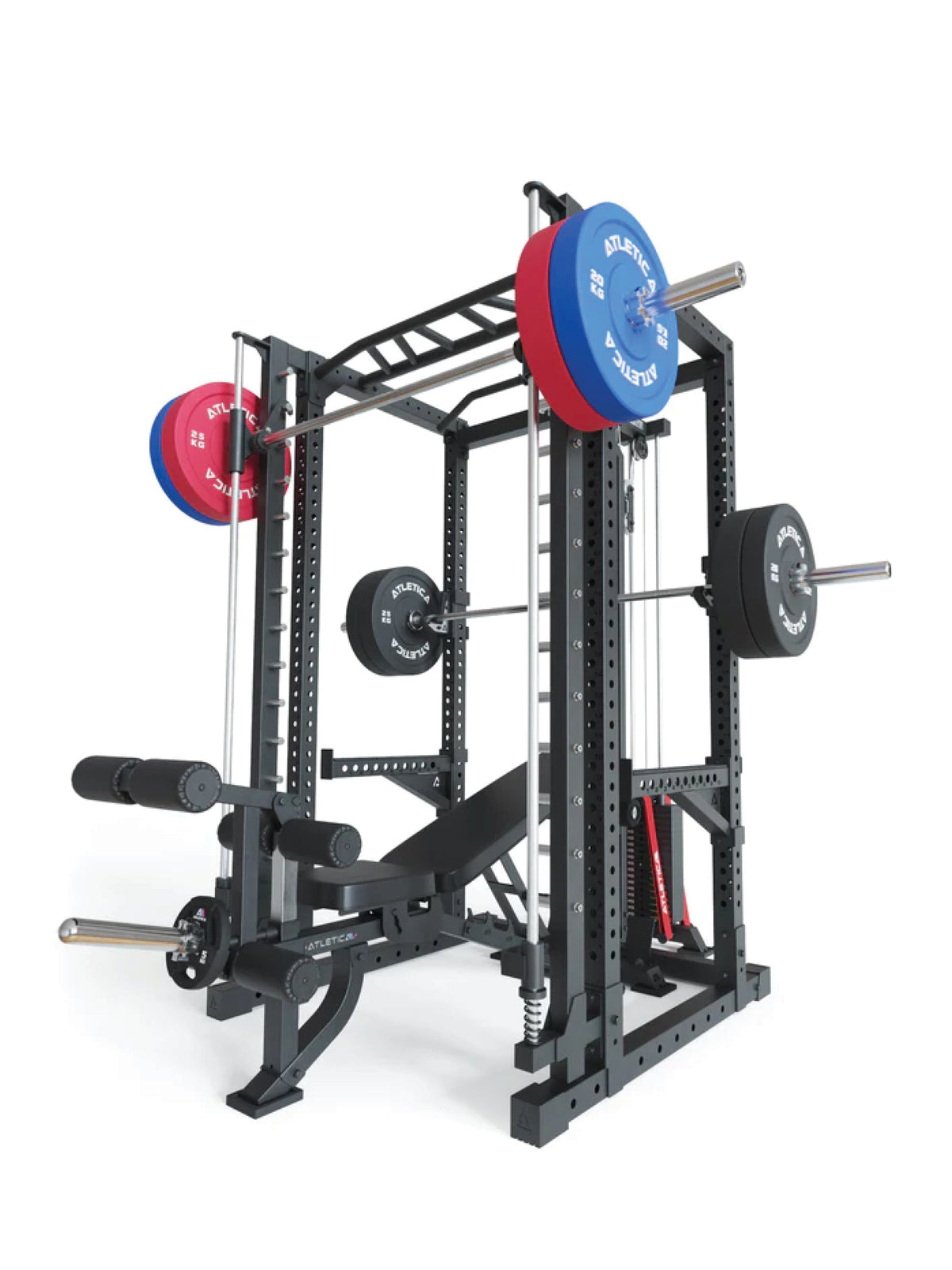 Power Rack R7-Daemon with weight plates and Barbell as well as integrated Smith Machine and Lat Pulldown