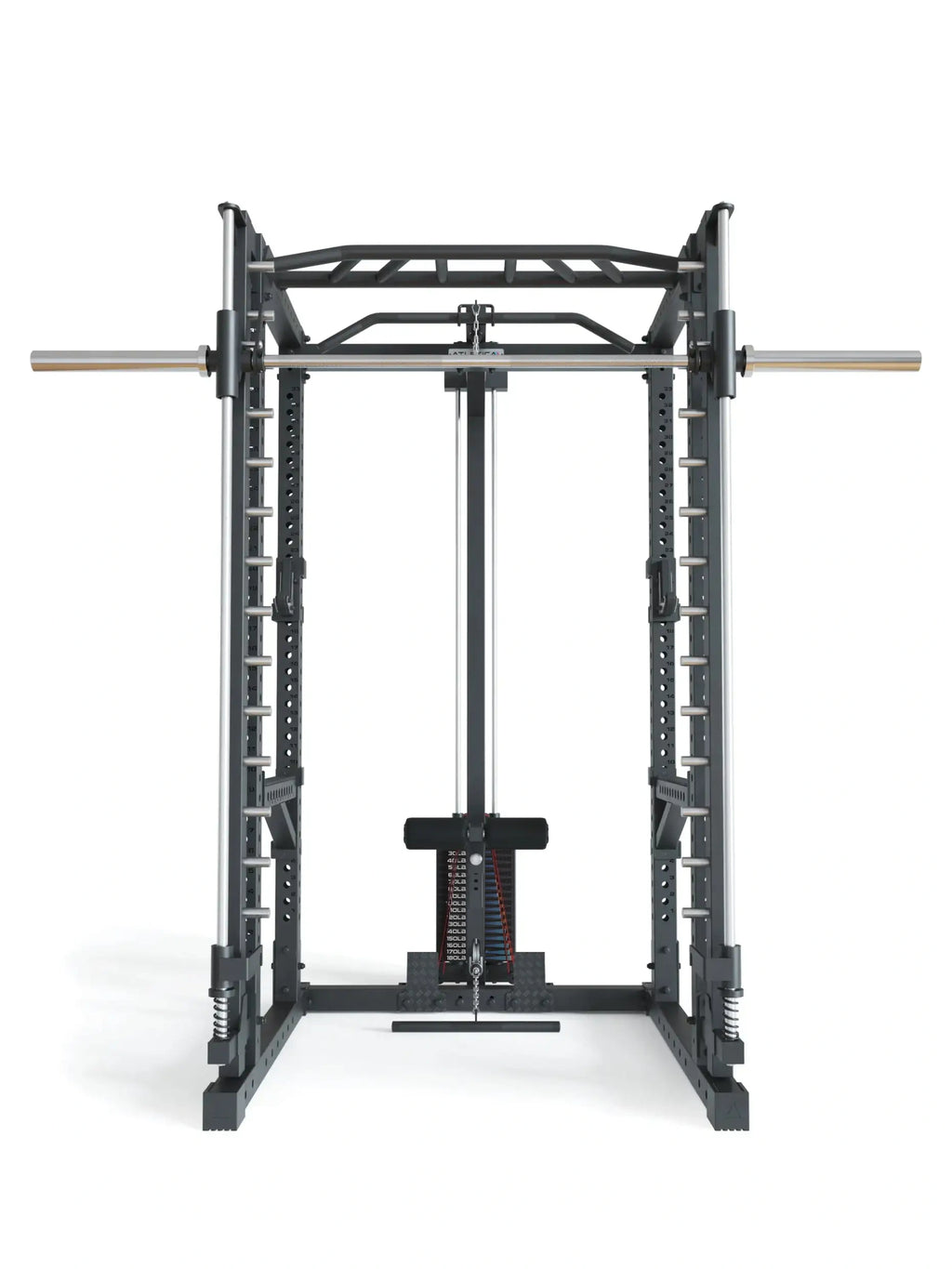 R7-Daemon Power Rack front view with guided Barbell, cable pulley with weight stack and J-Hooks