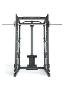R7-Daemon Power Rack front view with guided Barbell, cable pulley with weight stack and J-Hooks