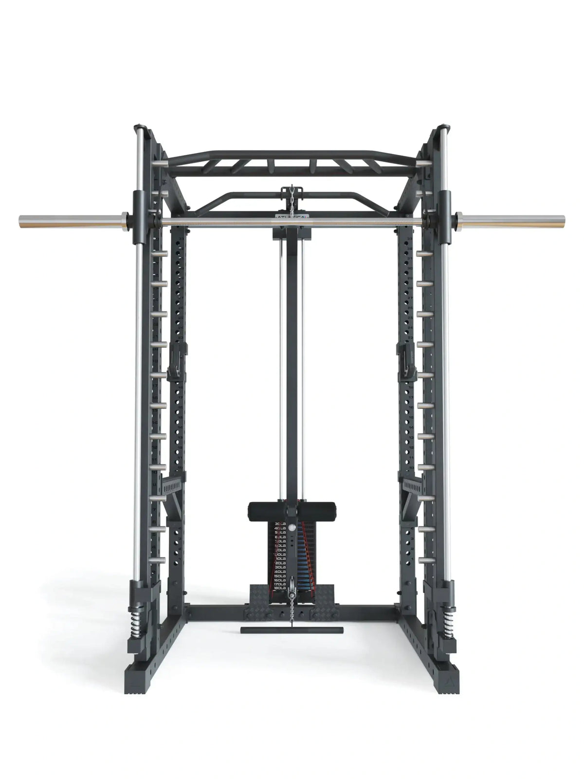 R7-Daemon Power Rack front view with guided Barbell, cable pulley with weight stack and J-Hooks