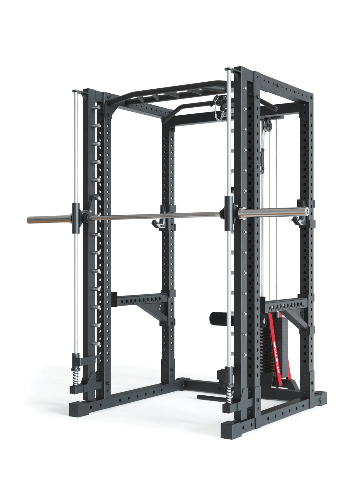 Power Rack R7-Daemon with guided Barbell and black Collars on the Smith Machine