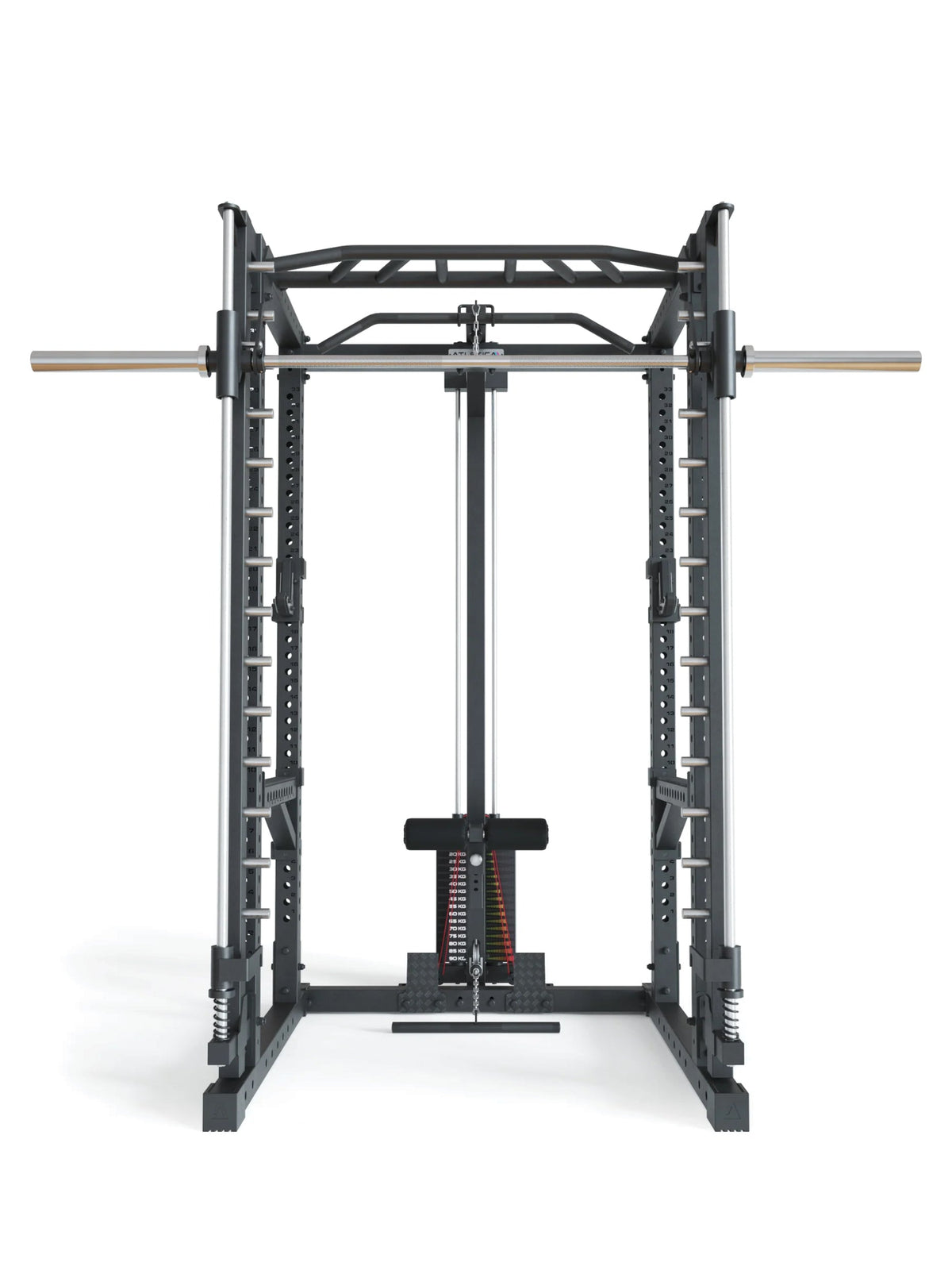 R7-Daemon Power Rack front view with guided Barbell, cable pulley with weight stack and J-Hooks