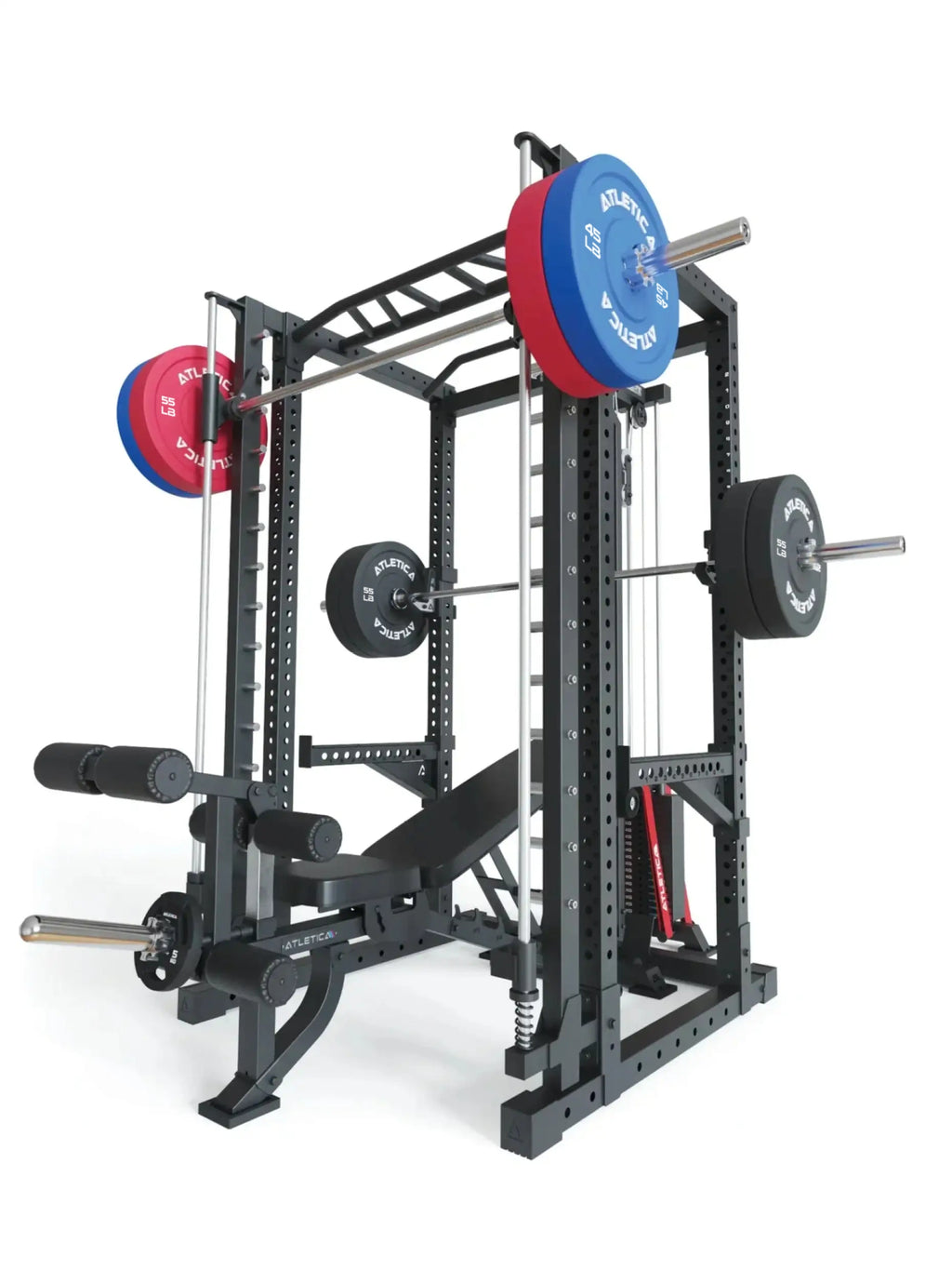Power Rack R7-Daemon with weight plates and Barbell as well as integrated Smith Machine and Lat Pulldown