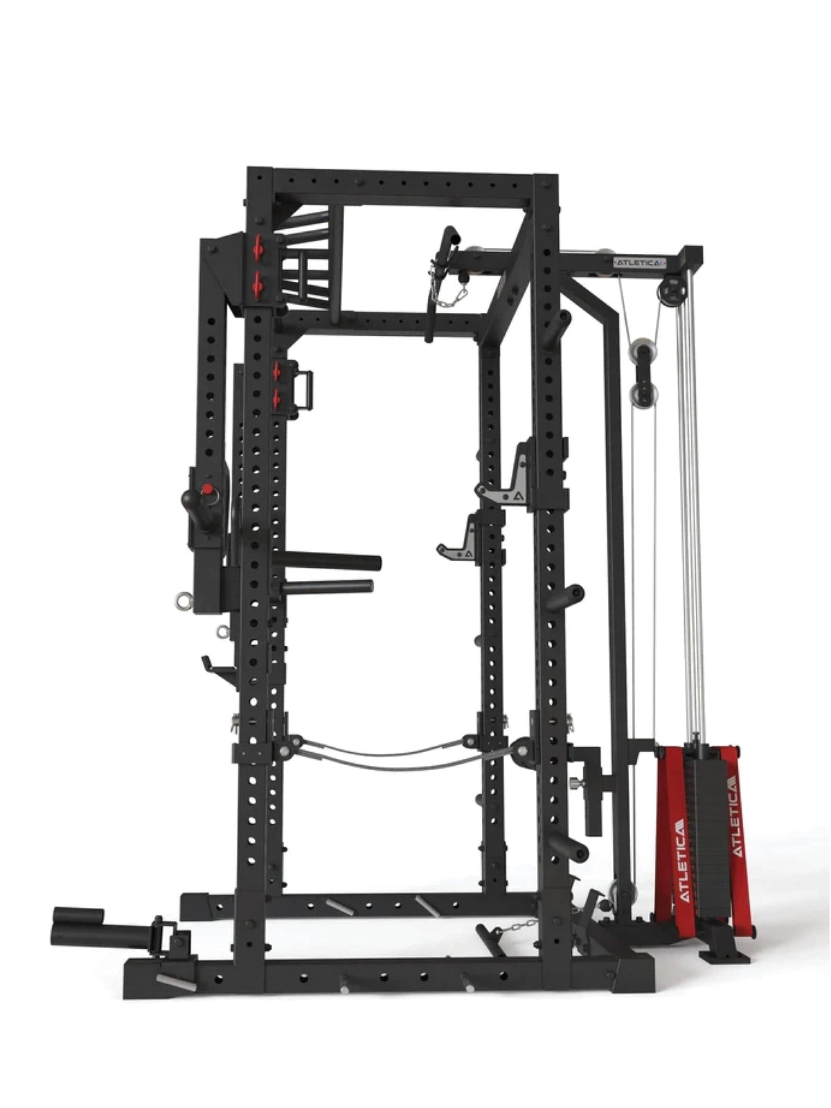 Atletica R7 Helix power rack with weight stack and rear pulley, side view