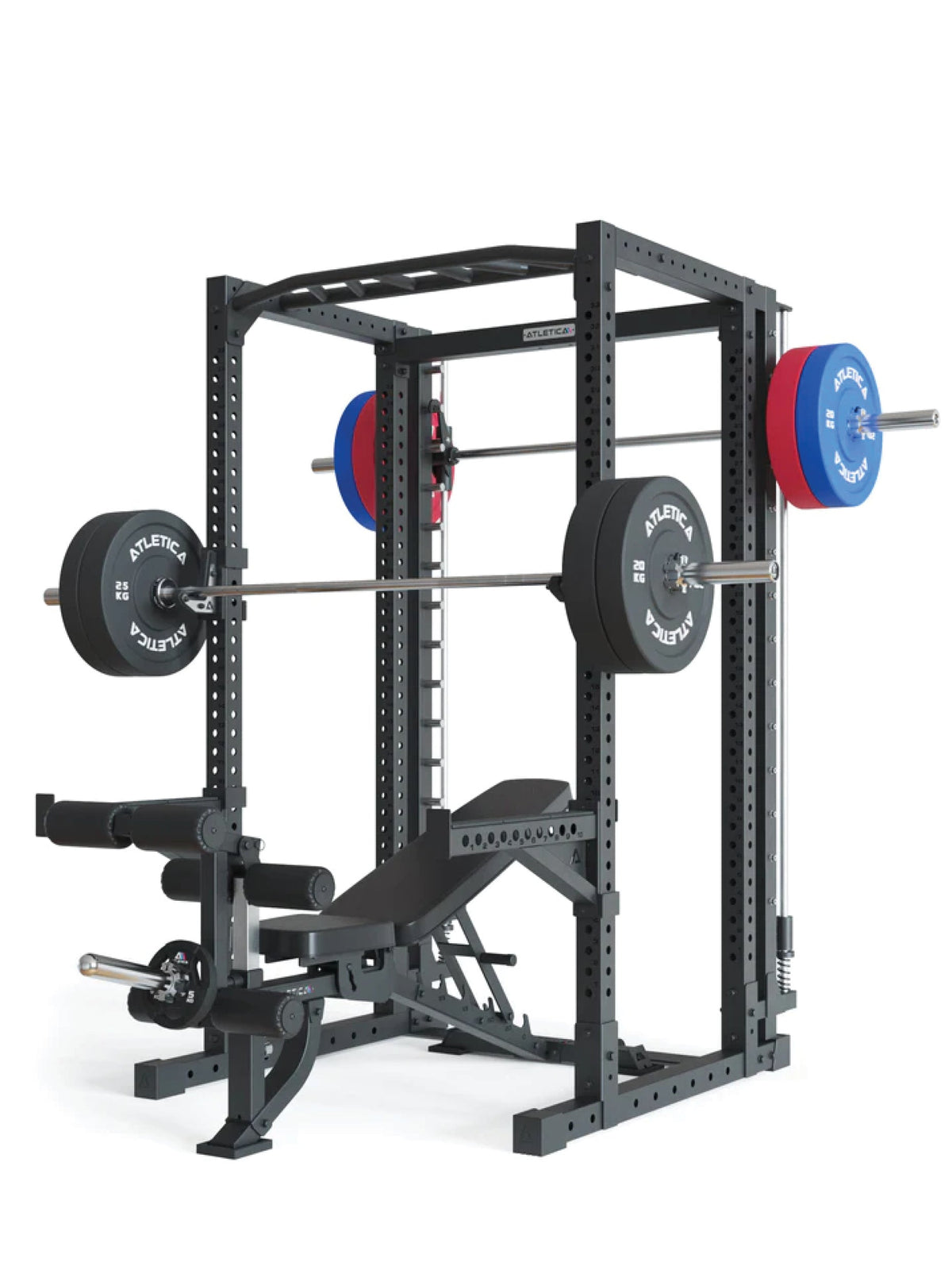 Power Cage R7-Reeve 80" with Smith Machine, Weight Bench, Barbell with Bumper Plates, Pull-Up Bar – for squats and deadlifts with safety supports