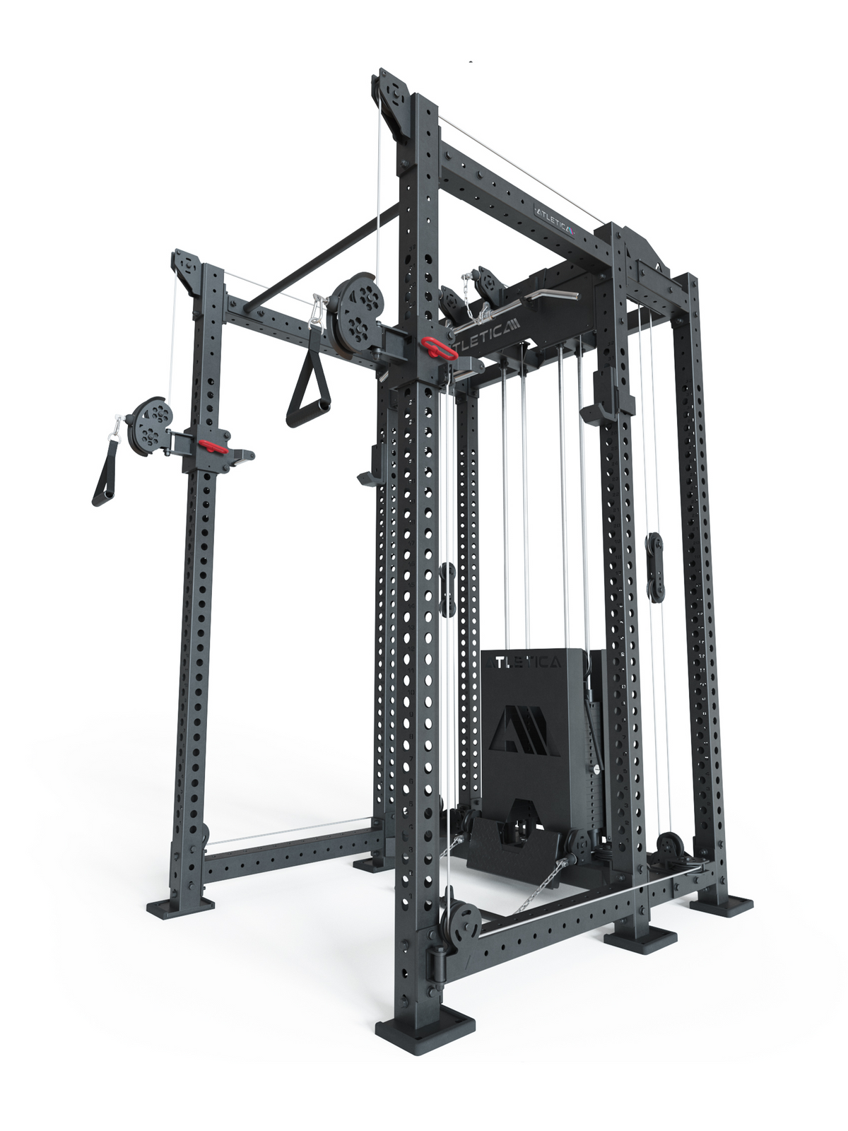 Power Rack R8-Alpha: Squat Rack & cable pulley | 2x210 lb weight stacks for cable cross, lat pulldown, rowing | pull-up bar, J-Hooks | 6-post