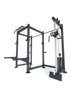 Atletica R8 Drift PRO Power Rack - black rack with pull-up bar, cable pulley tower, weight stack
